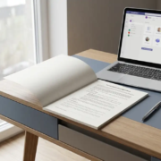 Afgedrukt SLA-document opengeslagen op modern bureau naast laptop met Microsoft Teams, koffiekop en pen in zacht kantoorlicht.