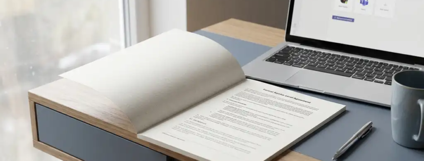 Afgedrukt SLA-document opengeslagen op modern bureau naast laptop met Microsoft Teams, koffiekop en pen in zacht kantoorlicht.
