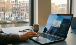 Hand die aarzelend boven een laptop-trackpad zweeft met een goedkeuringsmelding op scherm, Amsterdamse gracht zichtbaar op de achtergrond.