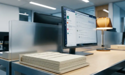 Moderne IT-servicedesk met gestapelde aanvraagformulieren en Microsoft Teams-dashboard op monitor, zakelijke kantooromgeving.