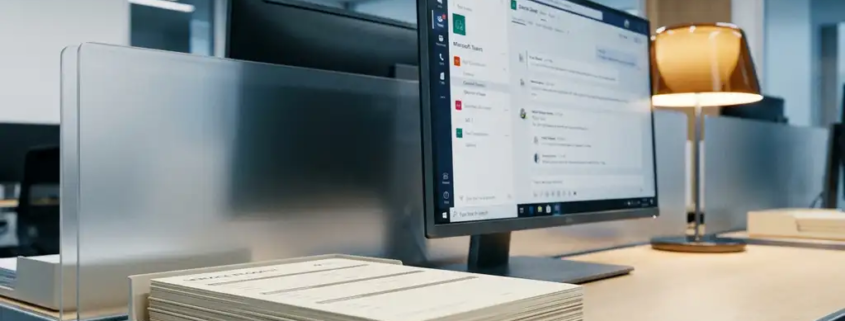 Moderne IT-servicedesk met gestapelde aanvraagformulieren en Microsoft Teams-dashboard op monitor, zakelijke kantooromgeving.