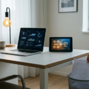 Laptop met dashboardgrafieken op modern bureau, gedrukte rapporten vervangen door geautomatiseerde workflow, kantooromgeving.
