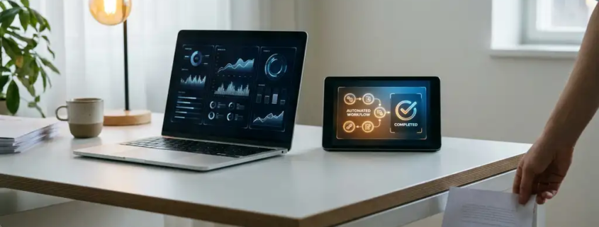 Laptop met dashboardgrafieken op modern bureau, gedrukte rapporten vervangen door geautomatiseerde workflow, kantooromgeving.