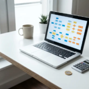 Laptop met kleurrijke workflowdiagrammen op wit bureau, met rekenmachine en euromuntstuk, moderne werkplek.
