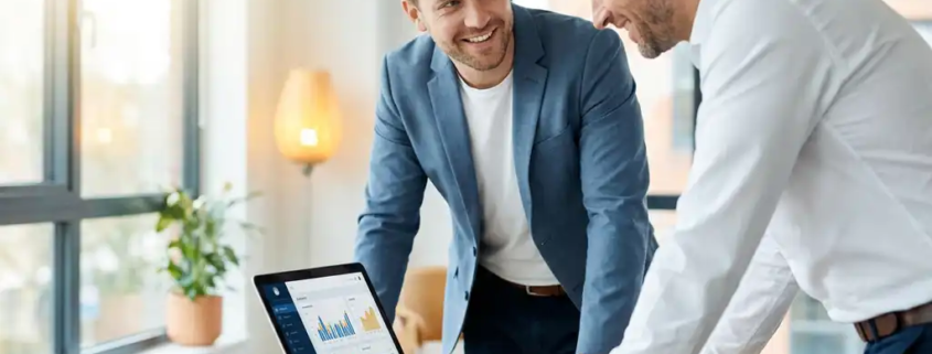 IT-professional en zakelijke klant bekijken samen een Microsoft 365-dashboard op laptop in modern Scandinavisch kantoor.