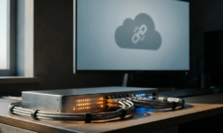 Actieve netwerkswitch met knipperende indicatorlampjes en aangesloten kabels, terwijl een monitor op de achtergrond een verbroken cloudverbinding toont.