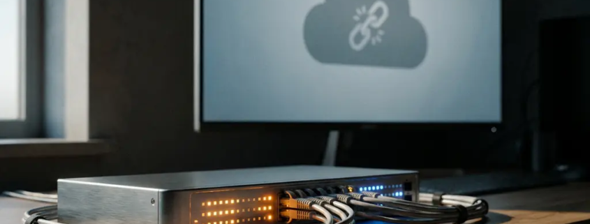 Actieve netwerkswitch met knipperende indicatorlampjes en aangesloten kabels, terwijl een monitor op de achtergrond een verbroken cloudverbinding toont.