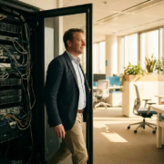 Ondernemer verlaat rommelige serverruimte met kabels en racksystemen voor een licht, modern kantoor.
