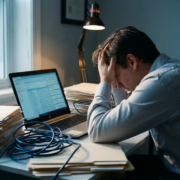 Overweldigde kantoormedewerker omringd door hoge stapels mappen en verstrengelde kabels op een rommelig bureau met laptop vol meldingen.