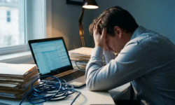 Overweldigde kantoormedewerker omringd door hoge stapels mappen en verstrengelde kabels op een rommelig bureau met laptop vol meldingen.