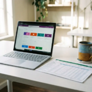 Microsoft Surface laptop met Power Apps canvas naast een Excel-spreadsheet op een wit bureau, koffiekopje erbij, natuurlijk licht.