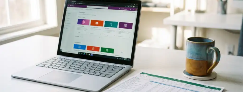 Microsoft Surface laptop met Power Apps canvas naast een Excel-spreadsheet op een wit bureau, koffiekopje erbij, natuurlijk licht.
