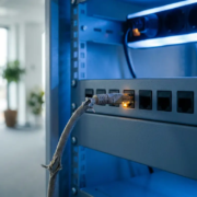 Versleten netwerkkabel aangesloten op een serverrack met lege poorten, blauw omgevingslicht in moderne IT-omgeving.