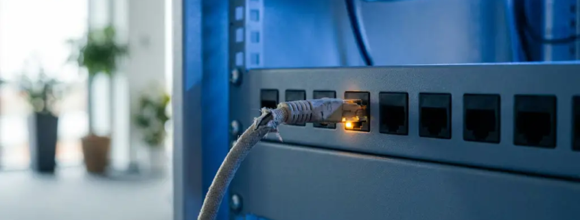Versleten netwerkkabel aangesloten op een serverrack met lege poorten, blauw omgevingslicht in moderne IT-omgeving.