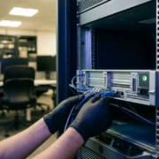 Technicus organiseert serverbekabeling in een overzichtelijk serverrack met groen statuslampje in modern ICT-datacenter.