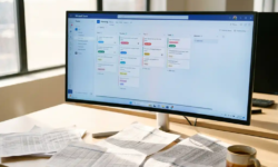 Microsoft Teams-planningsbord op ultrabreed scherm naast verfrommelde Excel-uitdraaien op modern bureau met koffiemok.