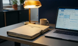 Gesloten manila HR-map met slotgesp op modern bureau, verlicht door een amber bureaulamp naast een laptop.