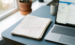 Stapel werkinstructies met rode en blauwe annotaties op modern bureau naast open laptop met Microsoft 365, verlicht door zijdelings natuurlijk licht.