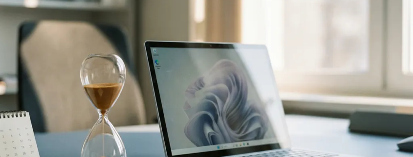 Zandloper naast een laptop op een modern bureau met kalender en notities, in koel blauw en warm amber licht.